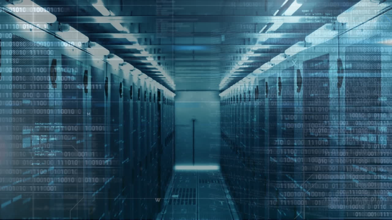 Animation of programming language and binary codes over data server racks