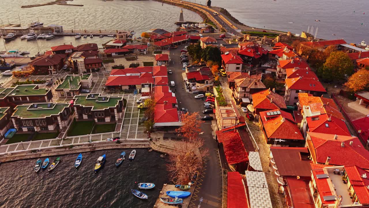 Aerial view of Nesebar, Bulgaria with waterfront and rooftops