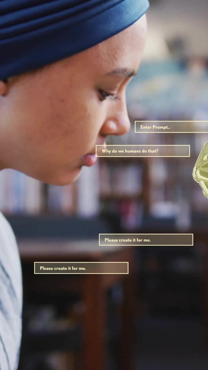 Animazione di testo AI, cervello e dati su studentessa con hijab che legge un libro