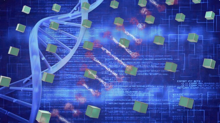 Animation of dna strands and rows of green cubes over data processing