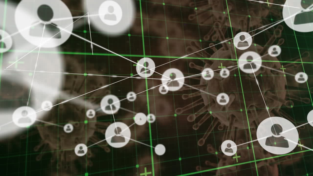 animación de células de covid 19 flotando con redes de conexiones a través de la red