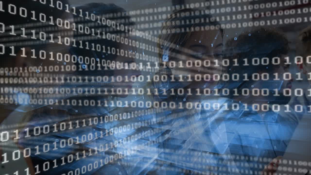 Three professionals consulting tablet while binary overlay driving real-time data analysis