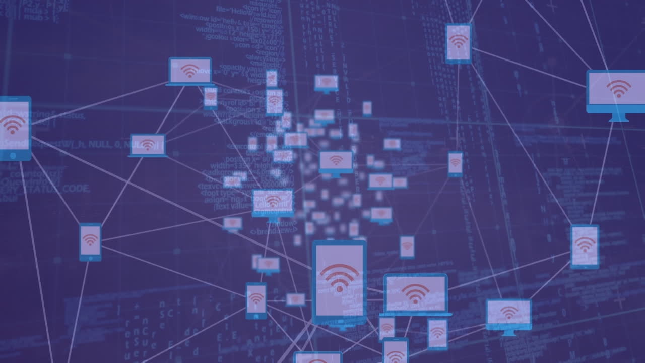 animación de la red de conexiones con iconos y procesamiento de datos sobre fondo negro