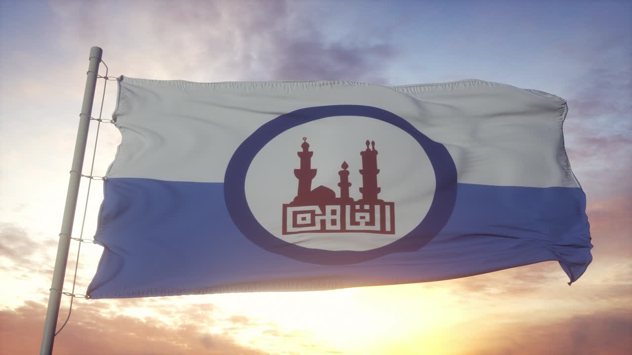 bandera del cairo, egipto, ondeando en el viento, el cielo y el sol de fondo