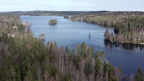 drone shot with slight orbit of lake in sweden surrounded by pinetrees during day