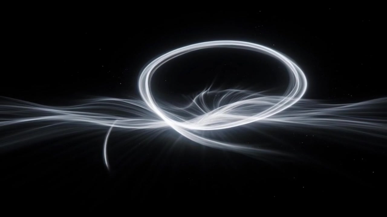 Scie luminose bianche astratte che formano il simbolo dell'infinito nello spazio scuro