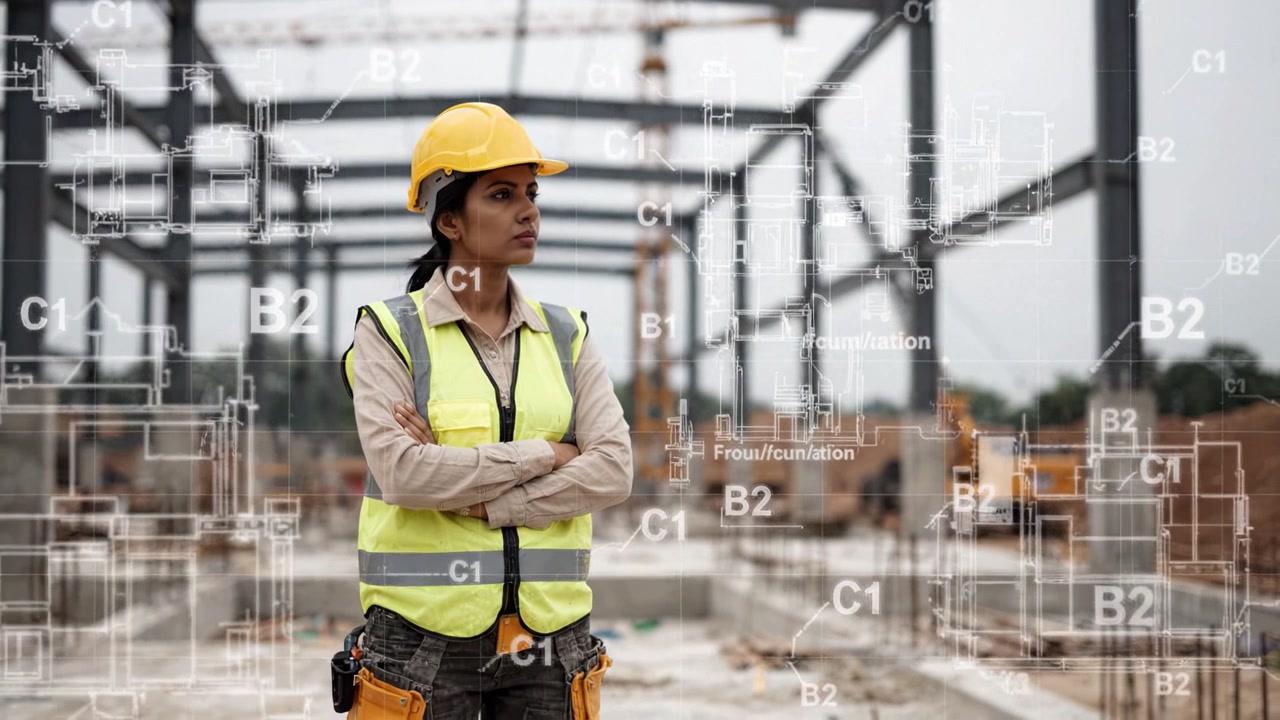 A focused construction engineer reflects on project plans amidst an active construction site, showcasing dedication to her work and commitment to safety standards.