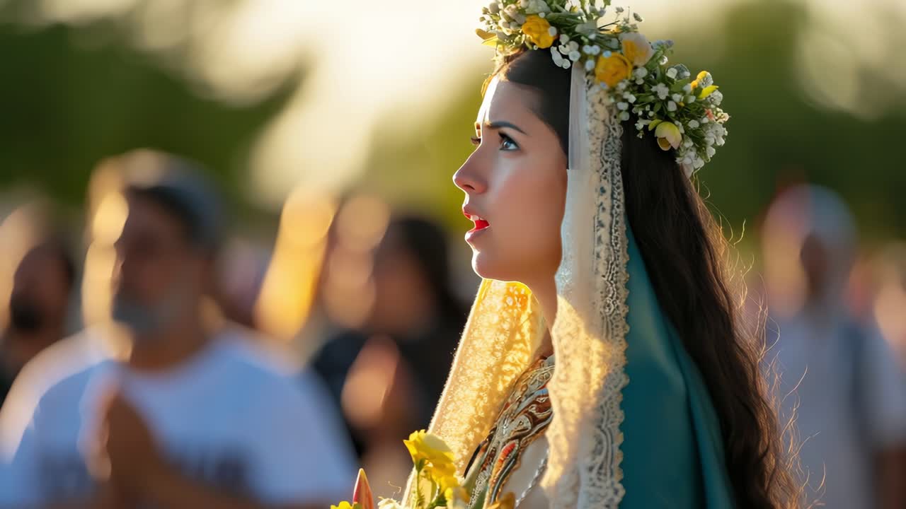 Young woman wearing a floral crown and veil prays with her eyes closed during a religious celebration, surrounded by a blurred crowd of devotees