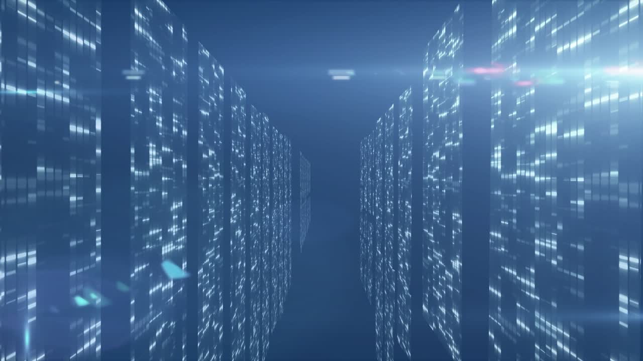 Animation of data processing on navy background with lights