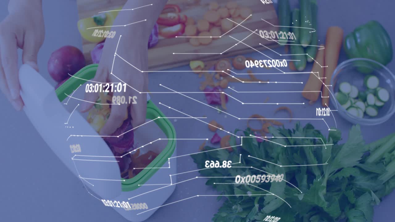 Cook's hands grabbing onion slicing discs filling container with AR timestamps during kitchen prep