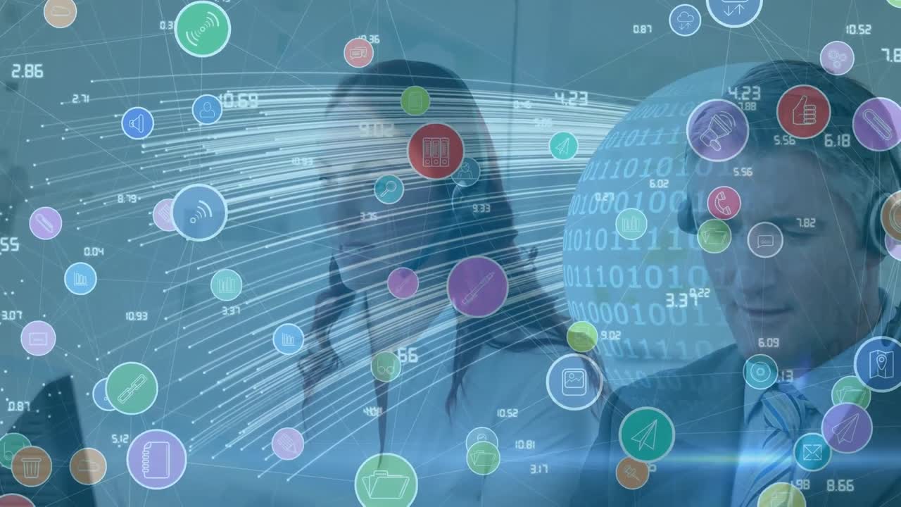 animación de la red de conexiones con iconos sobre personas de negocios que usan auriculares telefónicos