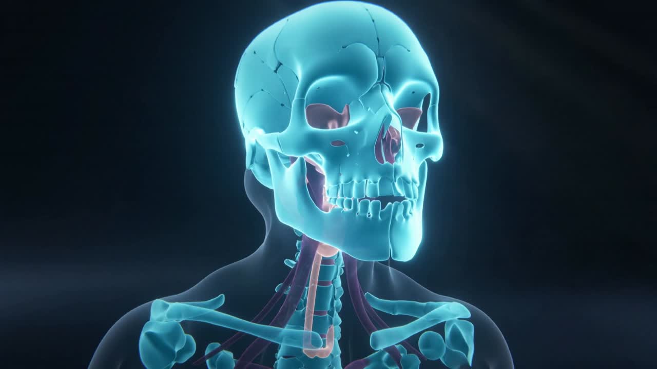 Animazione che mostra un cranio ciano rotante e le vertebre C1-C7 in uno studio 3D, con una via aerea rosa e un anello luminoso.