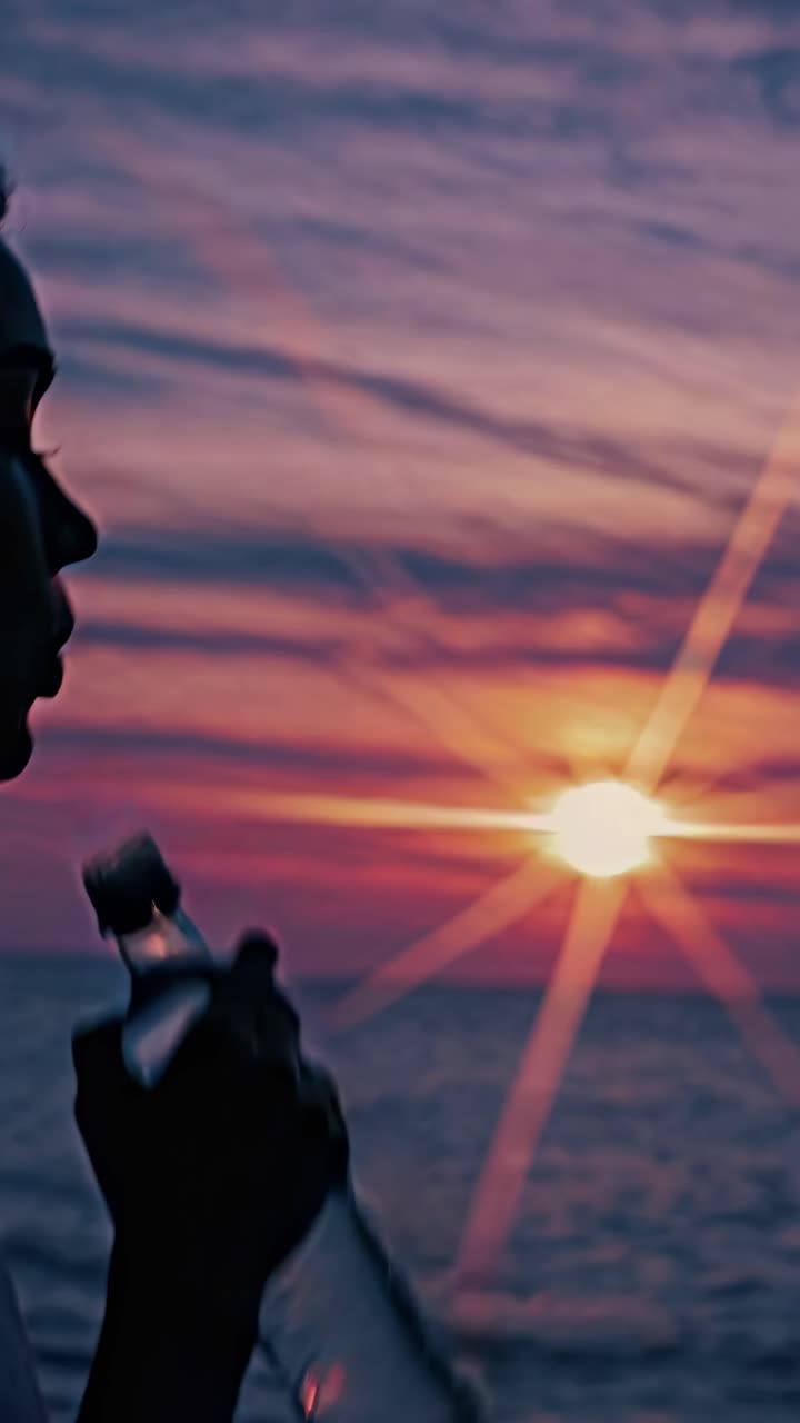 Silhouette di una persona che beve acqua al tramonto, ripresa lateralmente