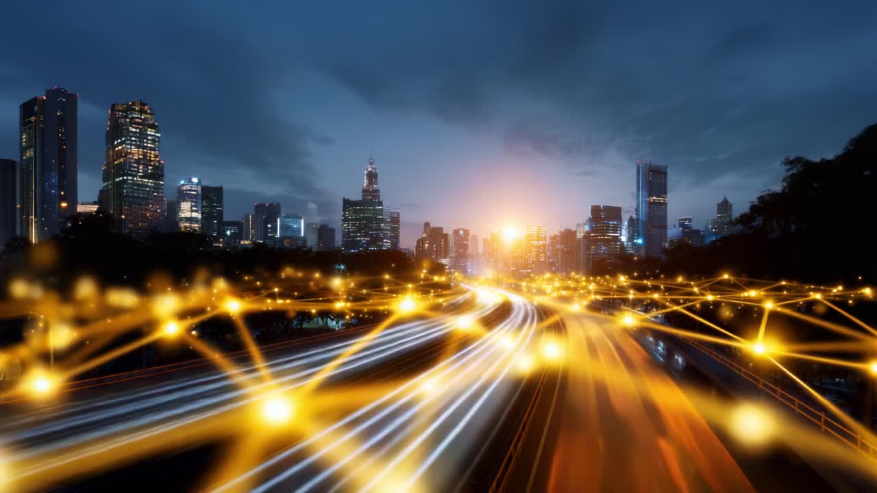 Dynamische Stadtlandschaft in der Dämmerung und Nacht: Eine beeindruckende Transformation urbaner Lichtspuren und Konnektivität, die Technologie und Modernität im urbanen Leben zeigt