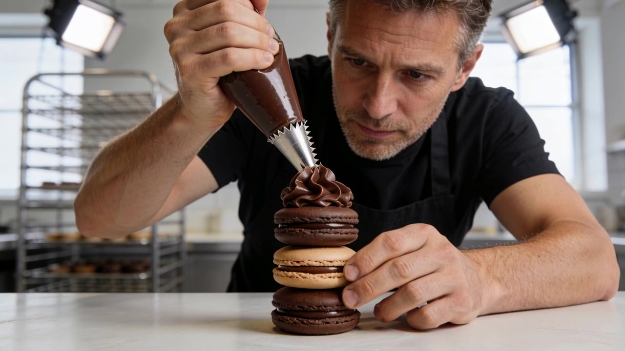 Leaning chef in black apron using piping bag piping on macaron stack in bakery ensuring symmetry