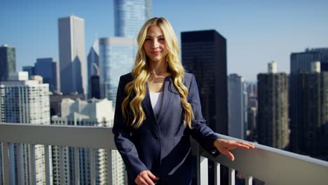 portrait of caucasian american businesswoman on city rooftop