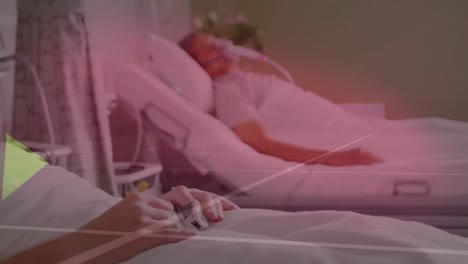 statistical data processing and heart rate monitor over caucasian male patient on hospital bed