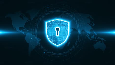 motion graphic of blue security shield with head up display ( hud ui ) technology interface and futuristic elements on earth map background