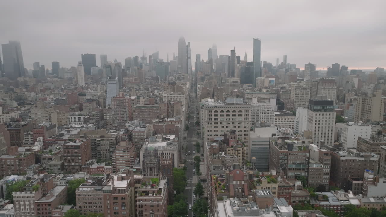 Aerial view of Midtown Manhattan on an overcast morning. Shot in New York City