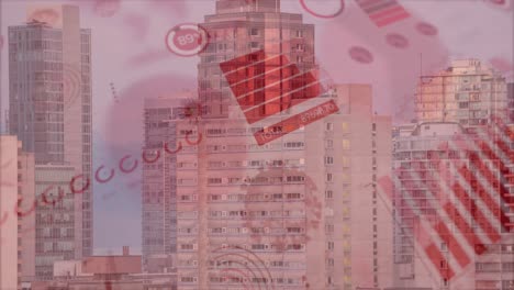 animation of covid 19 cells floating and statistics recording over cityscape on pink background