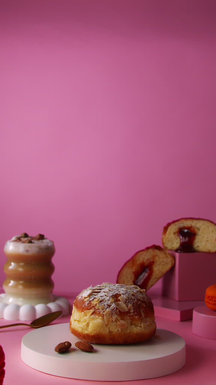 A feminine hand reaches toward an almond-covered Berliner donut resting on a round display base. The pink dessert backdrop includes a layered latte, macarons, almonds, and golden spoon for visual harm