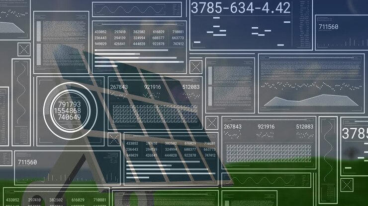 Solcellepanel i flat design visualisert på en gresslette, med digitale overlegg som viser datadiagrammer