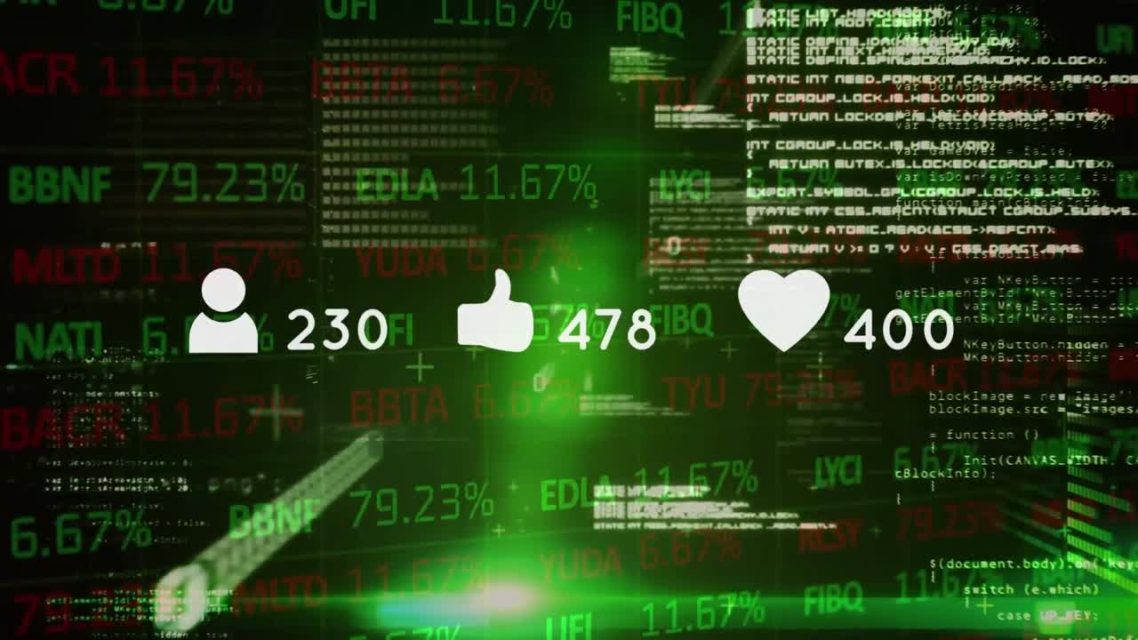 animación de iconos de las redes sociales sobre el procesamiento de datos financieros