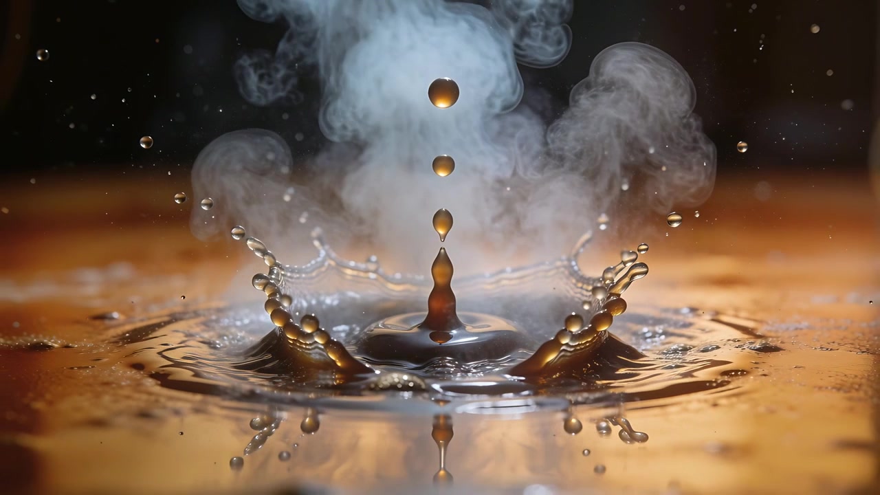 Droplet impacting pool, central splash forming and jet rising in studio basin, with vapor plume