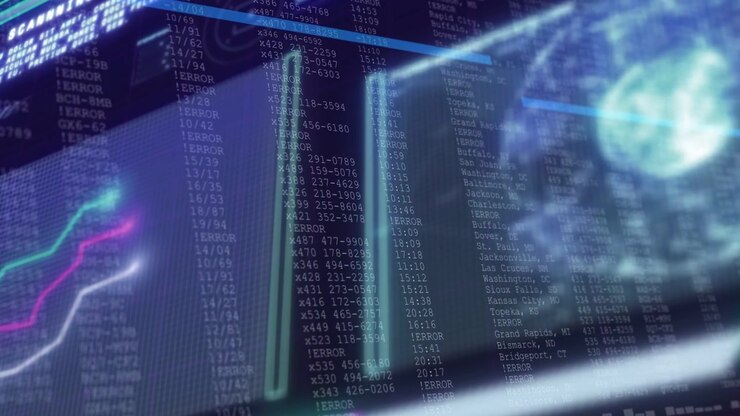 Holographic display receiving data feed, scrolling numbers, pulsing graphs, showing tech monitoring