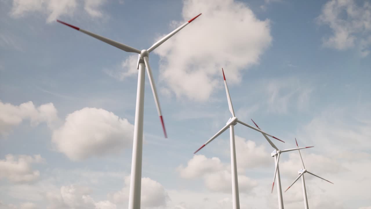 granja eólica 3d con campo verde en el fondo. generación de energía renovable alternativa. concepto de conservación del medio ambiente. turbinas eólicas de animación 3d realistas