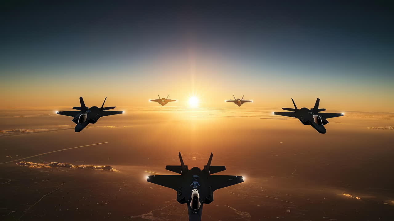 Jets at sunset over ocean. Formation of military jets soar across a vibrant sunset over the ocean horizon, showcasing teamwork and power