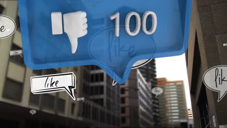 Dislike-icon-with-increasing-numbers-and-like-text-on-multiple-speech-bubbles-against-tall-buildings