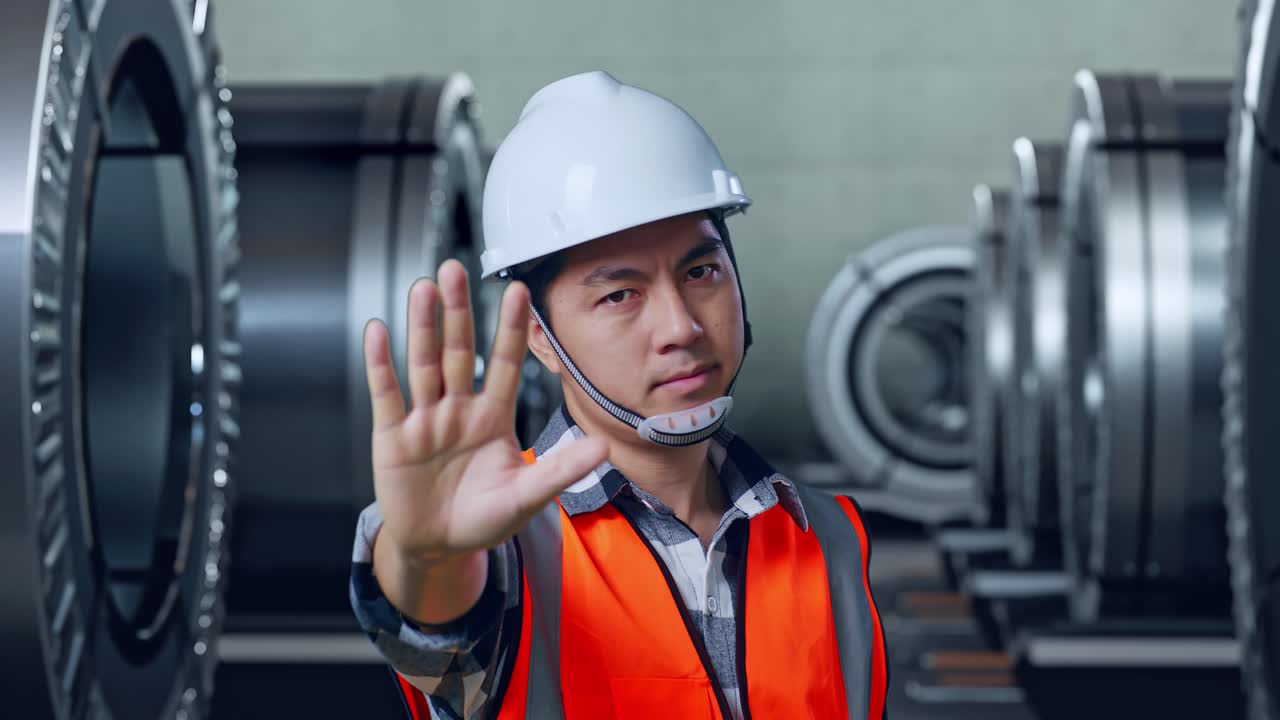 안전 헬을 입은 아시아 남성 엔지니어가 금속 공장에서 서 있는 동안 손 표시 없이 불쾌감을 표합니다.