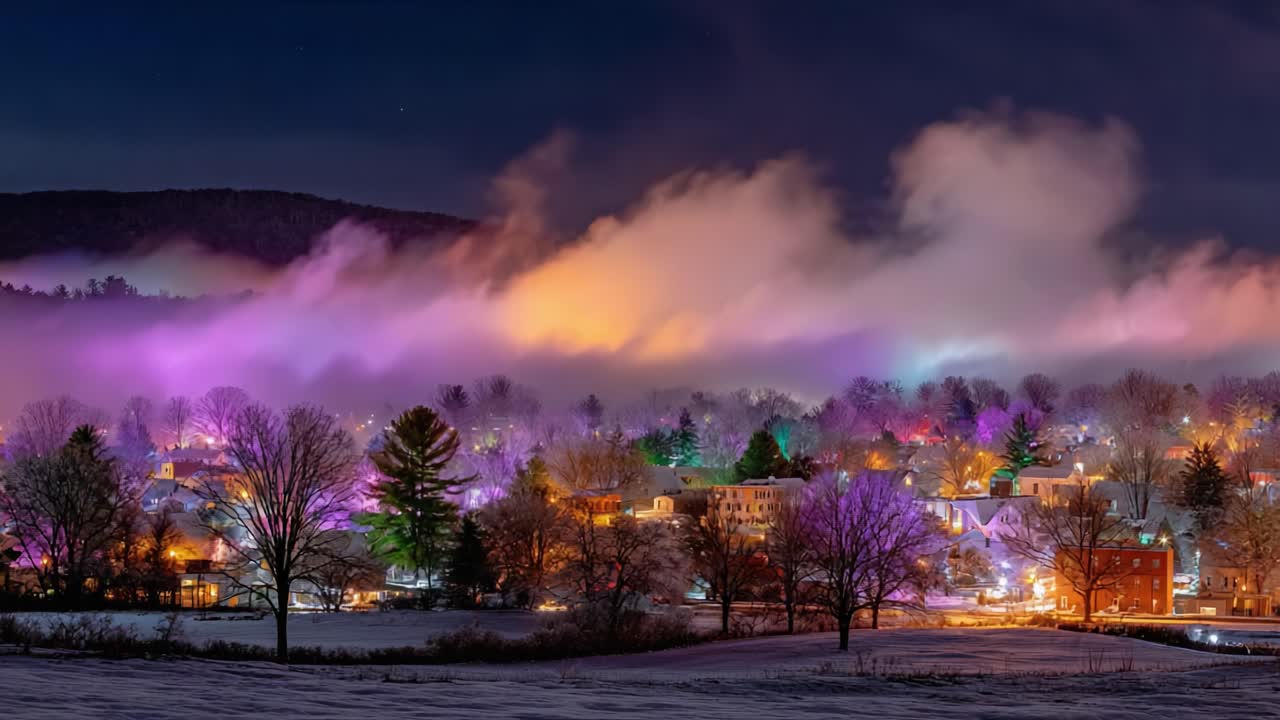 A Stunning Transformation of a Winter Landscape: A Vibrant Evening Scene Where Colorful Lights Illuminate a Snow-Covered Town Under a Mystical Sky