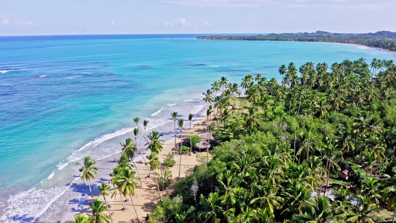Tomada aérea cinematográfica de ilha tropical com palmeiras, praia dourada e Mar do Caribe cristalino iluminado pelo sol.
