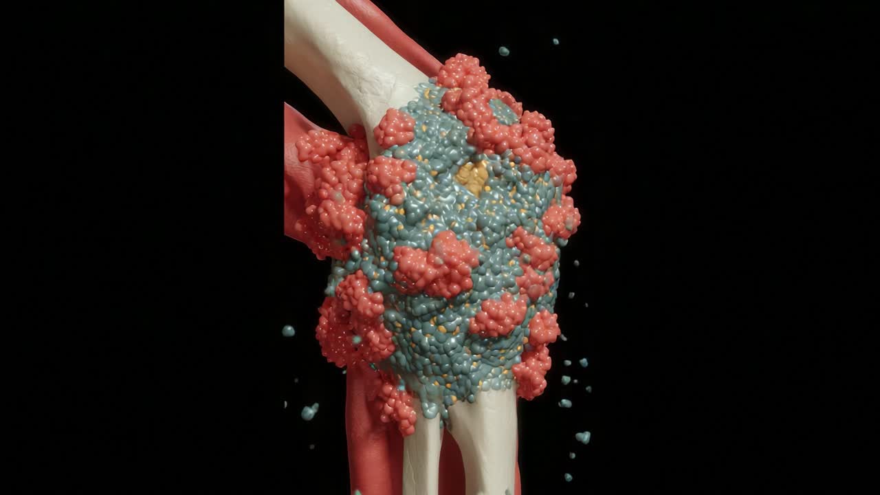 Detailed Visual Representation of Molecular Interaction and Structure Surrounding a Joint, Emphasizing the Role of Various Molecules and Particles in Joint Health and Function