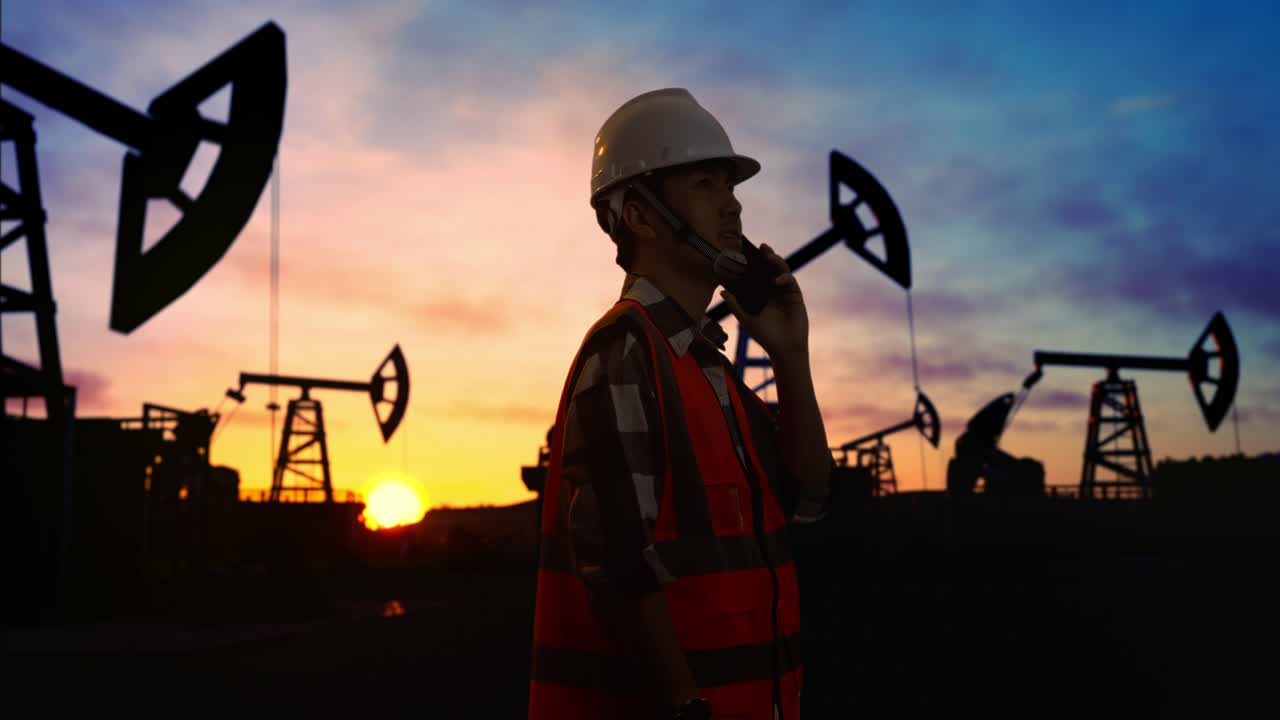 vista lateral de un ingeniero masculino asiático con casco de seguridad hablando en su teléfono inteligente mientras está de pie frente a las bombas de petróleo, durante la puesta o salida del sol