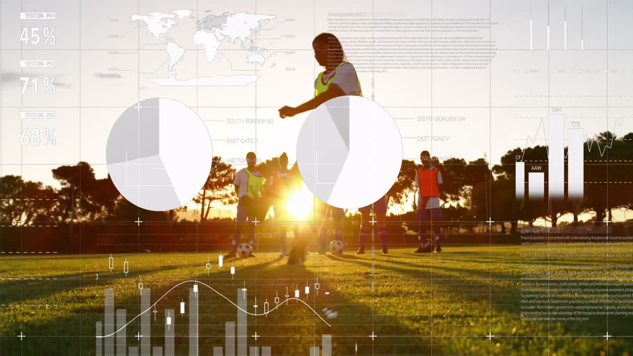 Soccer players practicing on field with data analytics overlay animation