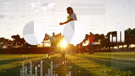 soccer players practicing on field with data analytics overlay animation