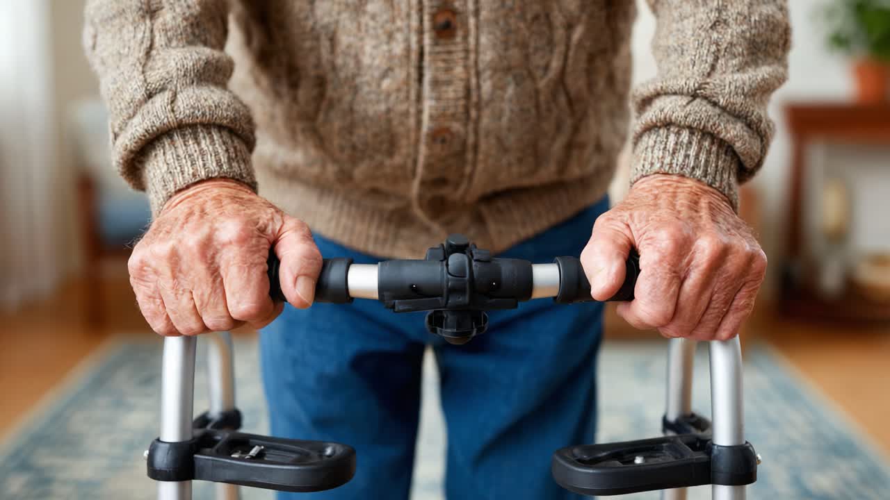 An Elderly Individual Steadily Gripping a Walker, Symbolizing Resilience and Independence in Daily Life, Navigating Through Their Living Space with Determination