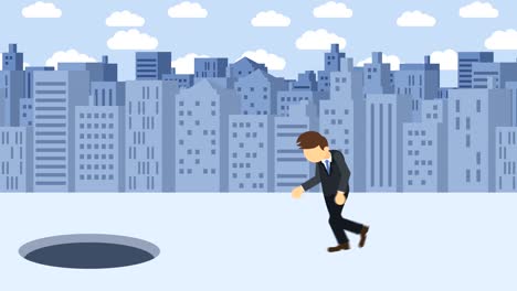 business man jump over the hole. background of buildings. risk concept. loop illustration in flat style.