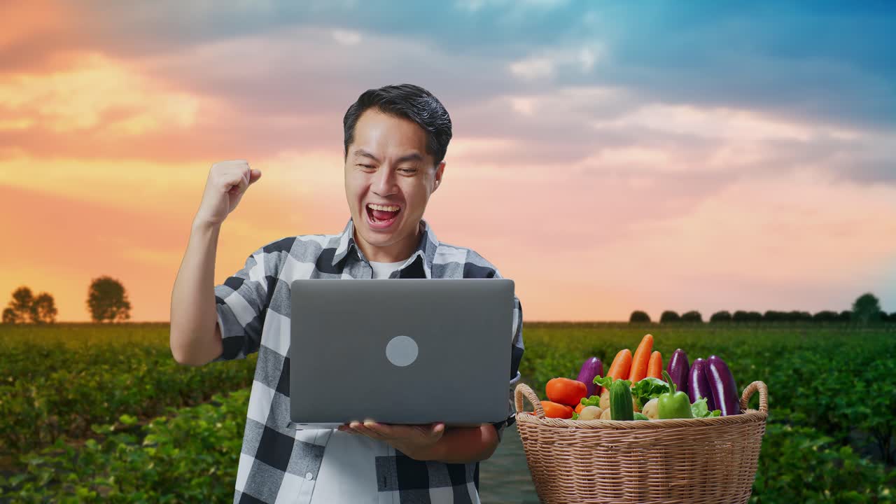 야채 바구니 를 들고 있는 행복 한 아시아 남자 농부 가  에 있는 노트북 컴퓨터 를 사용 하여 축하 하고 있다