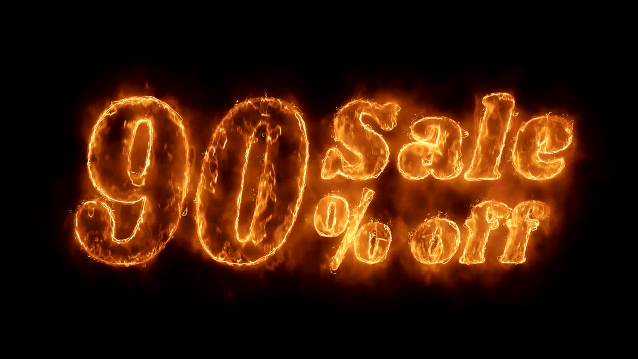 90% de descuento en la palabra animada caliente que quema el bucle de llamas de fuego realista.
