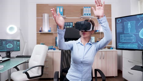 female scientist in a research laboratory using virtual reality goggles