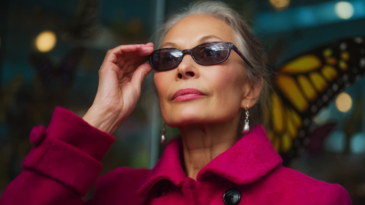 A Portrait of Grace and Style: A Mature Woman in Stylish Sunglasses and a Vibrant Pink Coat Showcases Confidence and Elegance Against a Backdrop of Colorful Butterflies in a Captivating Scene