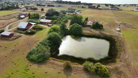 orbiting aerial view of a farm pond, used to maintain water for irrigation