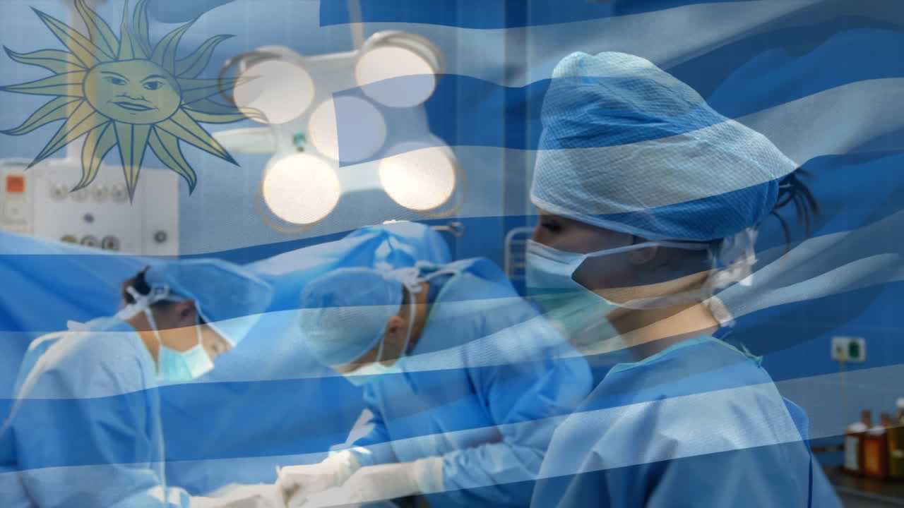 animación de la bandera de uruguay ondeando sobre los cirujanos en la sala de operaciones
