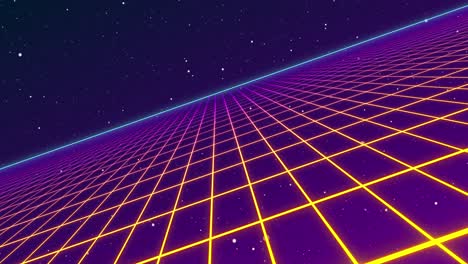 Animation-of-glowing-yellow-to-pink-grid-moving-in-space-on-seamless-loop