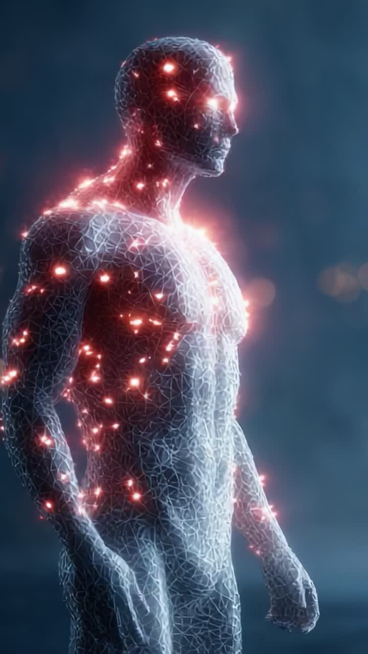 A dynamic visual representation of a humanoid figure surrounded by a mesh of glowing particles, illustrating the intersection of technology and human form in a stylized environment