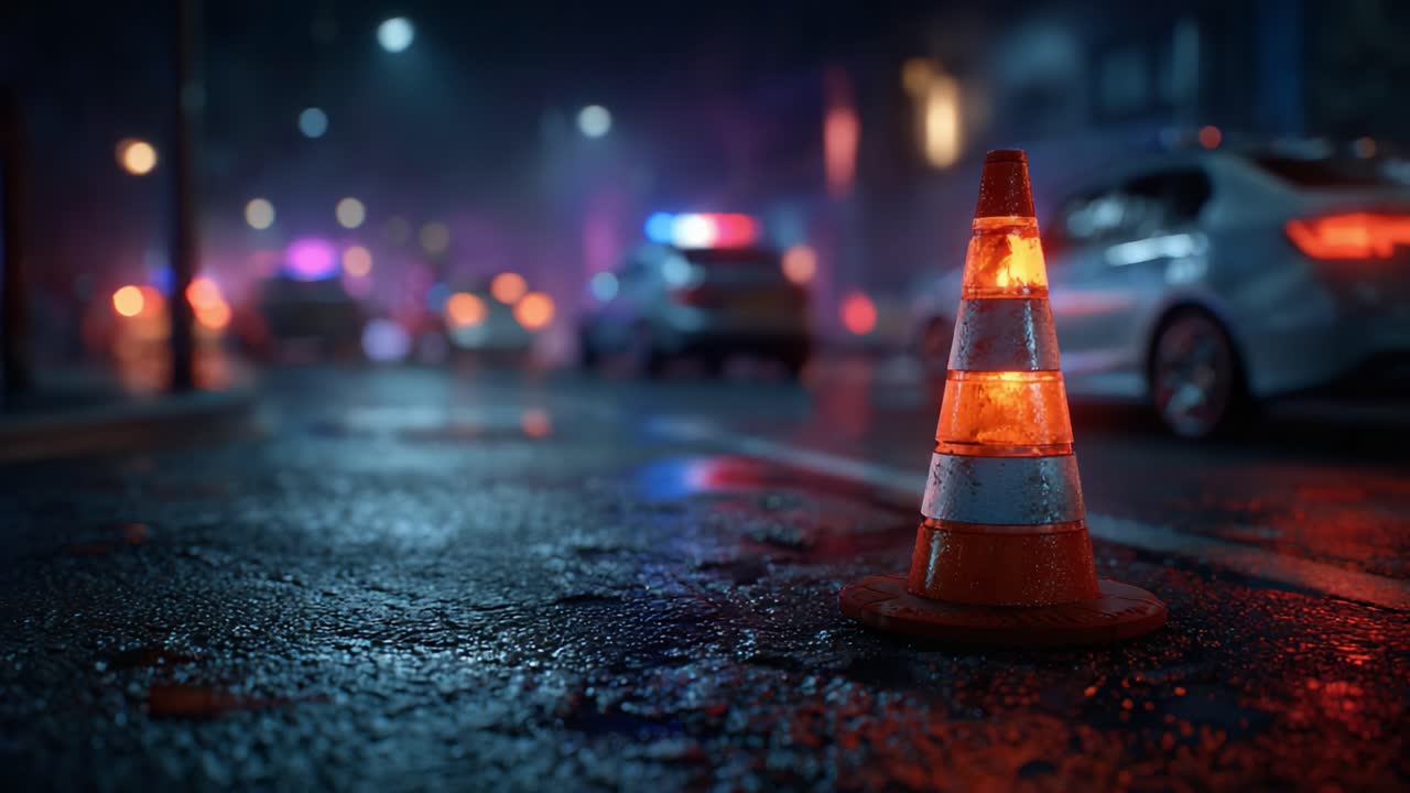 A hauntingly vibrant scene illuminated by the glow of emergency vehicle lights reflects off a wet urban street, with a prominent traffic cone emphasizing the gravity of the situation